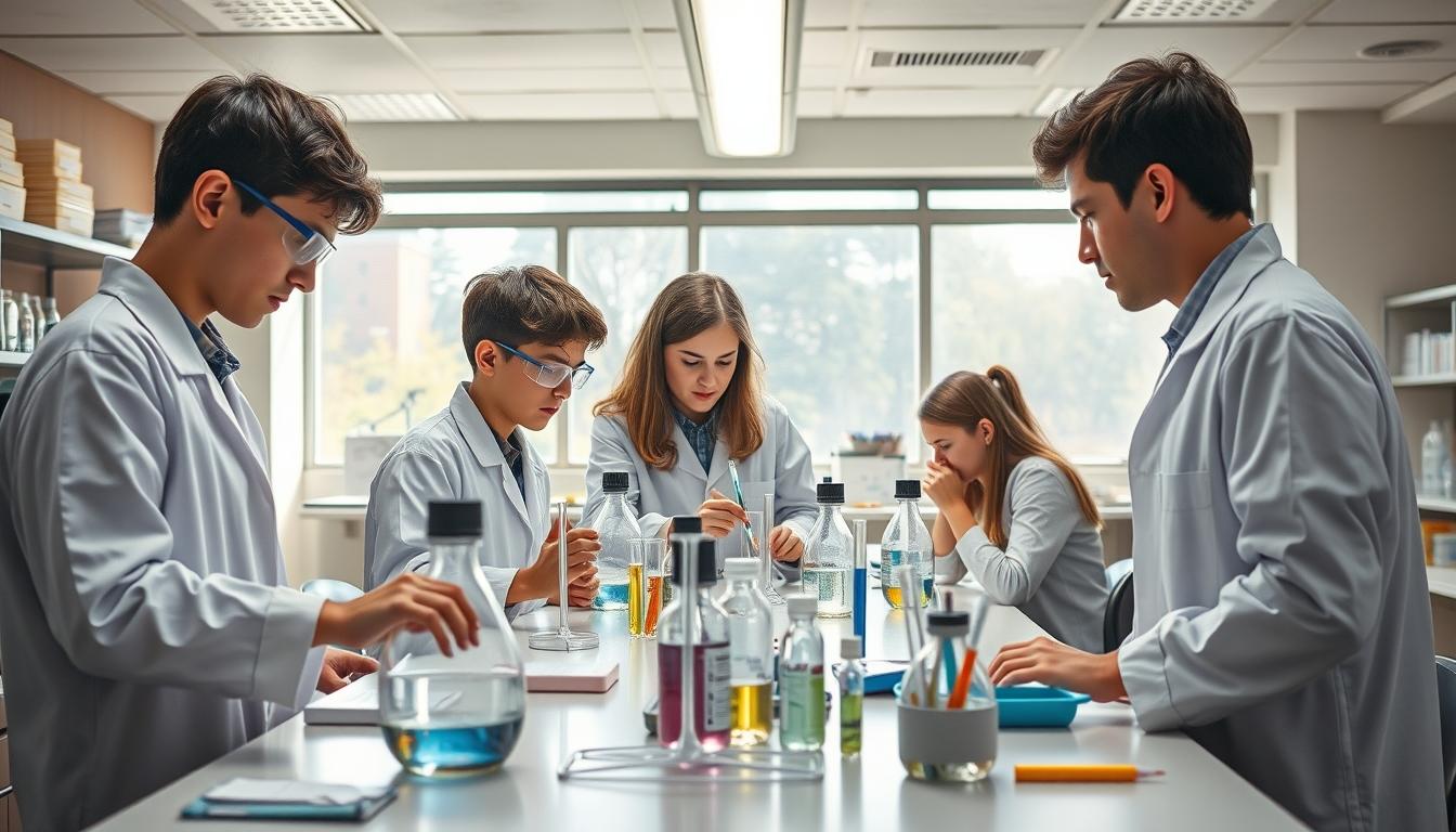 Students studying together in modern classroom